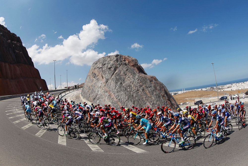 The pack rides during the second stage of the seventh cycling Tour of Oman