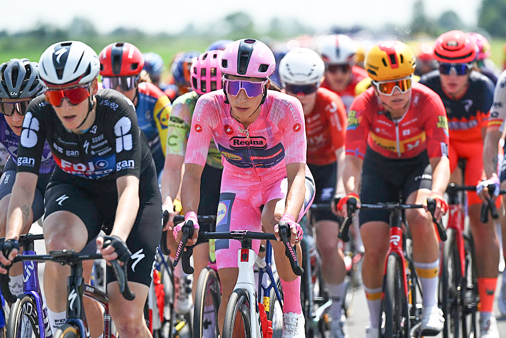 CAORLE, ITALY - MAY 31: Elisa Balsamo of Italy and Team Lidl - Trek - Pink Leader Jersey competes during the 37th Giro d'Italia Women 2026, Stage 2 a 156km stage from Roncade to Caorle / #UCIWWT / on May 31, 2026 in Caorle, Italy. (Photo by Luc Claessen/Getty Images)