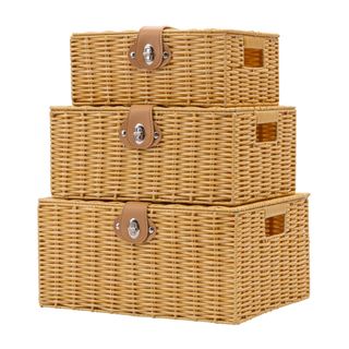 Wicker Storage Baskets with Lids, Set of 3