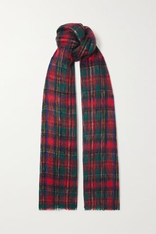 Striped Fringed Tartan Mohair-Blend Scarf