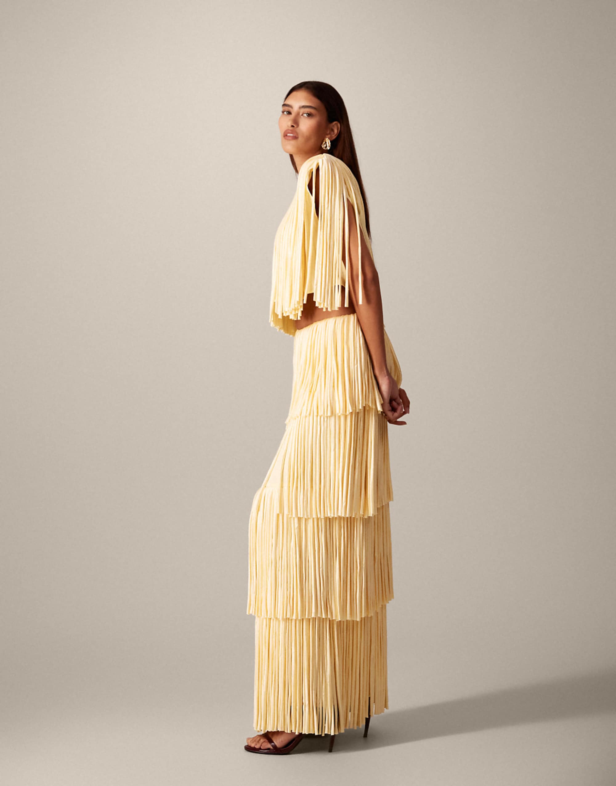 Arrange Fringe Tiered Maxi Skirt in Butter Yellow - Part of a Set