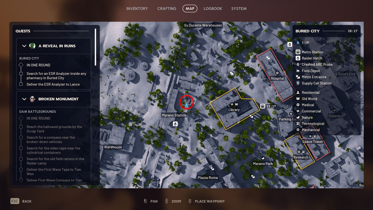 Arc Raiders The League: A map with a red circle highlighting the location of the magazine kiosk at Marano Station in Buried City.