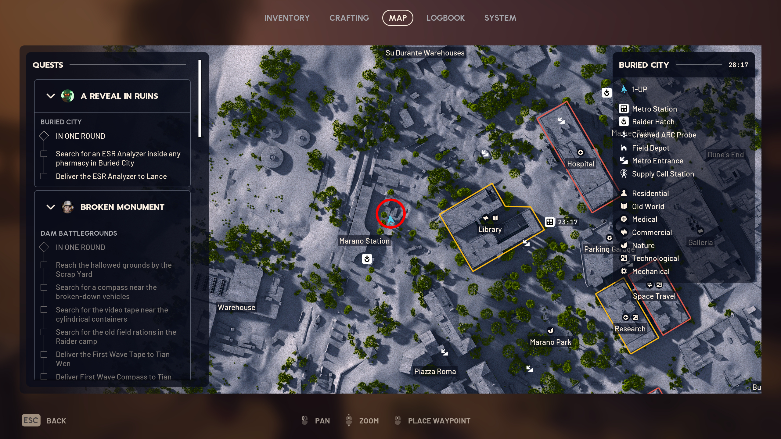 Arc Raiders The League: A map with a red circle highlighting the location of the magazine kiosk at Marano Station in Buried City. 