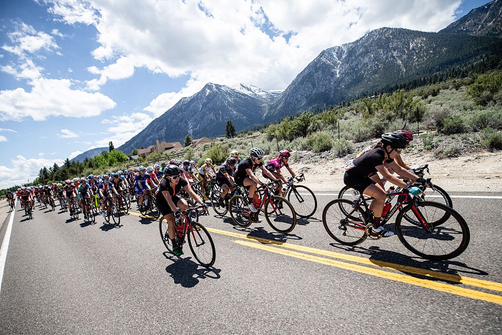 The peloton hits the first climb of the day during stage 2 of the Amgen Tour of California Women's Race
