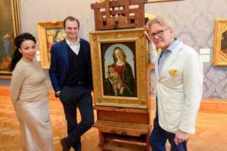 Britain's Lost Masterpieces presenters Emma Dabiri and Dr Bendor Grosvenor along with specialist art conservator Simon Gillespie and Virgin and Child with a Pomegranate, at the National Museum of Wales, Cardiff.