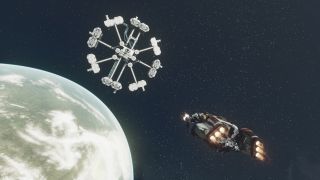 Starfield sci-fi game with spaceship