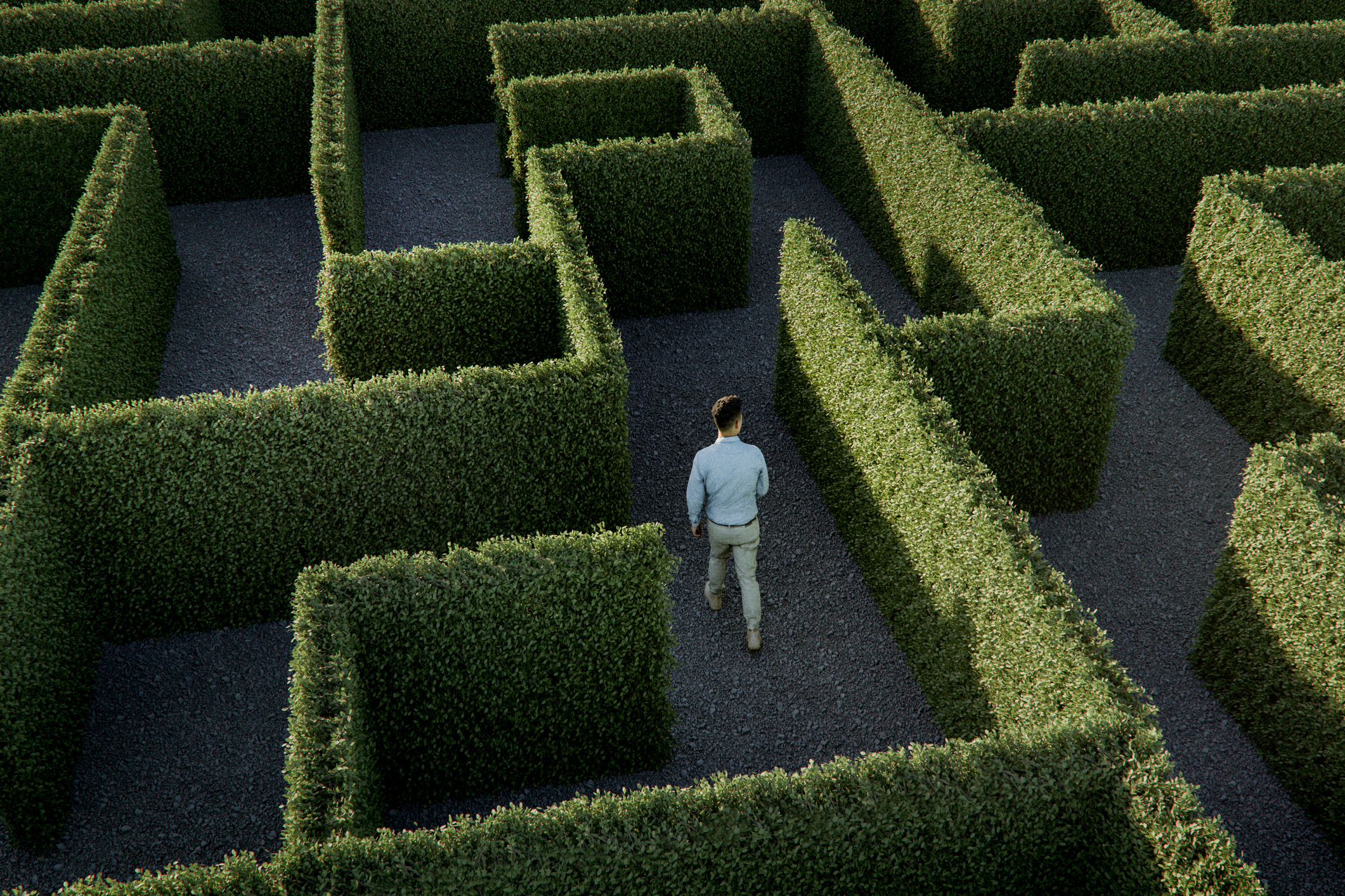 Man walking in the maze. 3D generated image.