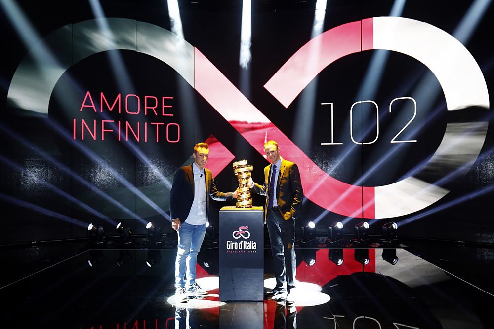 Chris Froome (Team Sky) and Elia Viviani (Quick-Step Floors) at the presentation of the 2019 Giro d'Italia