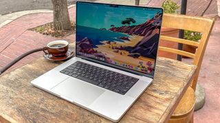 MacBook Pro 2021 (16-inch) review unit sitting on a patio table