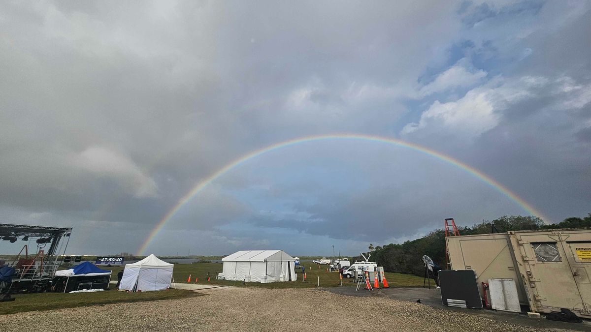 A dazzling double rainbow over NASA Kennedy Space Center