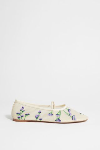 Floral-Embroidered Ballet Flats