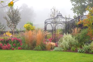 a colourful herbaceous bed in an autumn garden