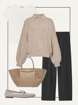 Khaite jumper, Éterne t-shirt, COS trousers, Demellier tote bag, Mint Velvet loafers