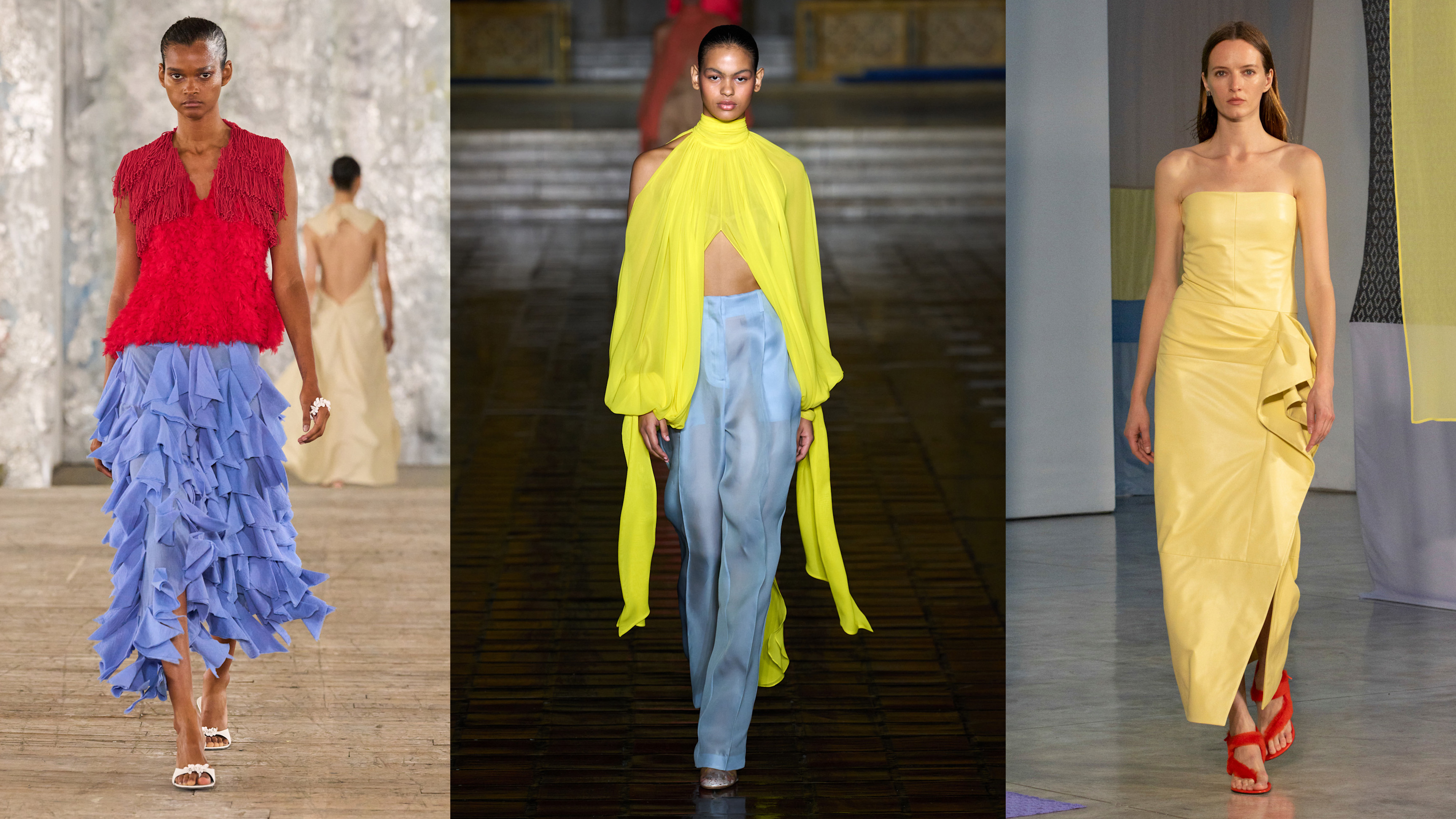 Three women on the spring/summer 2026 runways wearing unexpected color combinations.