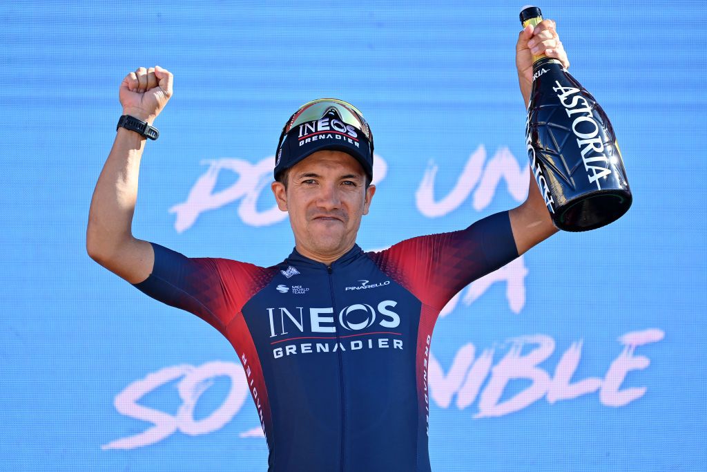 SIERRA DE LA PANDERA SPAIN SEPTEMBER 03 Richard Carapaz of Ecuador and Team INEOS Grenadiers celebrates at podium as stage winner during the 77th Tour of Spain 2022 Stage 14 a 1603km stage from Montoro to Sierra de La Pandera 1815m LaVuelta22 WorldTour on September 03 2022 in Sierra de La Pandera Spain Photo by Justin SetterfieldGetty Images