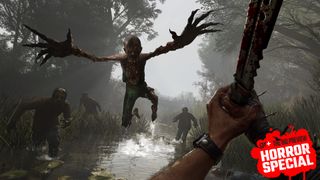 Infected swarm the player in a swamp in Dying Light: The Beast, with one leaping arms outstretched, with the GamesRadar+ Horror Special Big Preview badge