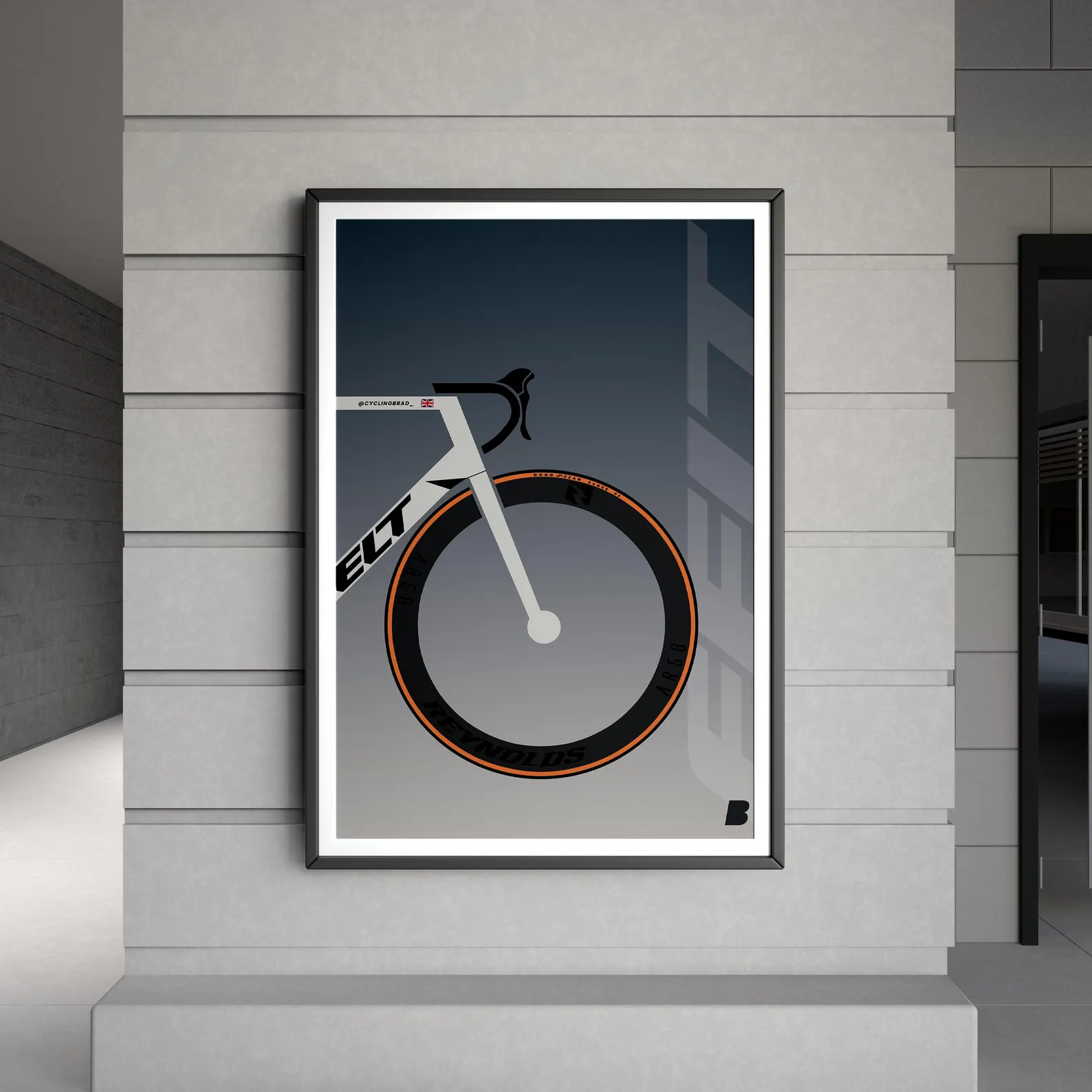 A print of bicycle art hanging on a wall
