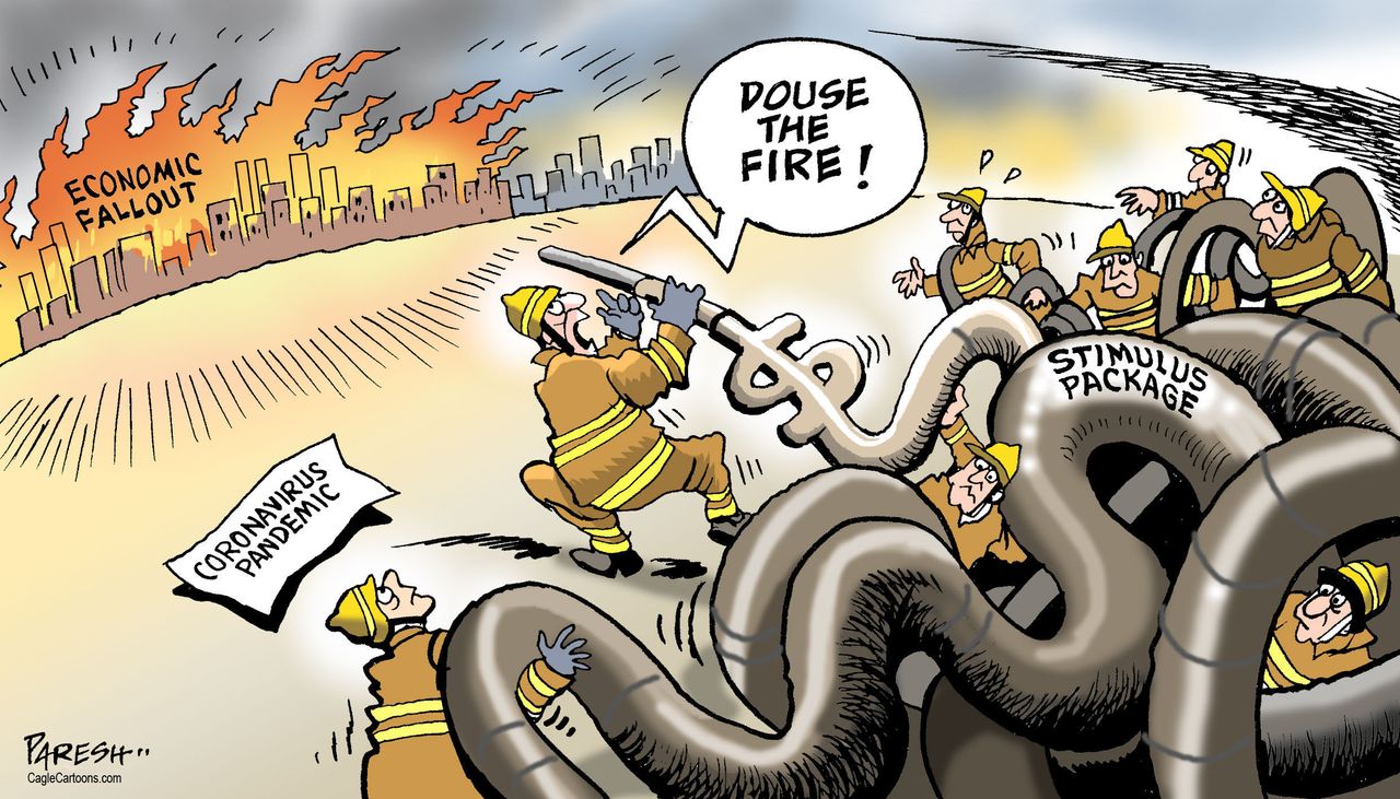 Political Cartoon U.S. stimulus bill approved preserves economy fire