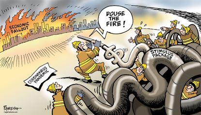 Political Cartoon U.S. stimulus bill approved preserves economy fire