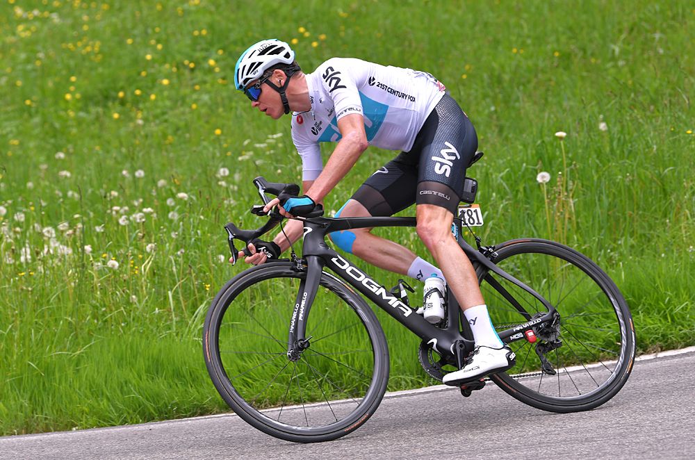 Chris Froome (Team Sky) attacks with 80km to go during stage 19 at the Giro d'Italia