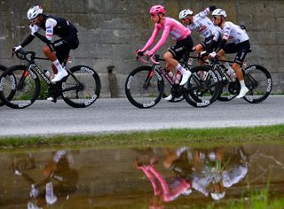 Pink jersey Team UAE's Slovenian rider Tadej Pogacar rides during the 4th stage of the 107th Giro d'Italia cycling race, 190 km between Acqui Terme and Andora, on May 7, 2024 in Acqui Terme. (Photo by Luca Bettini / AFP)