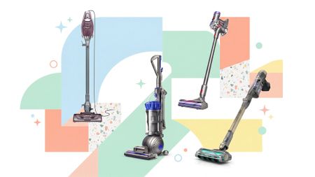 A selection of Dyson and Shark vacuum cleaners.