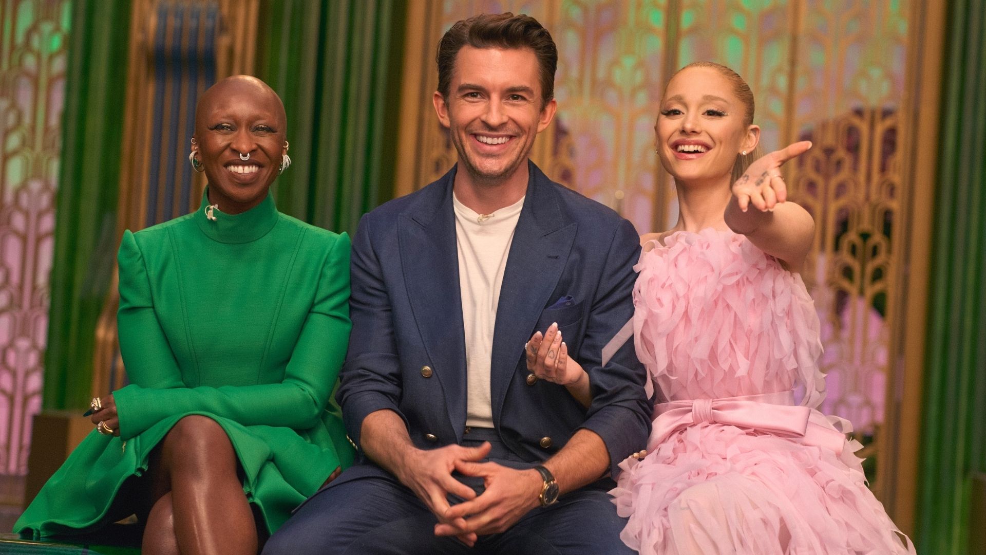 DEFYING GRAVITY: THE CURTAIN RISES ON WICKED -- Pictured: (l-r) Cynthia Erivo, Jonathan Bailey, Ariana Grande