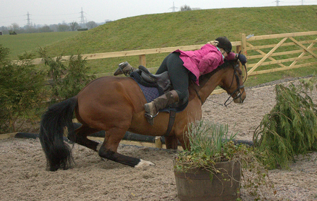 &ldquo;This was the first time the horse (Darcy) had ever seen a ditch and it took a long time to get over it. As you can see from the photo he decided to put his front feet into the ditch as a safe way to get across.I managed to stay on though!&rdquo; &mdash; Lucy Bagnowiec