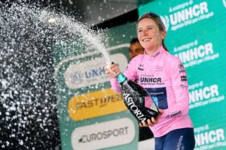 BERGAMO ITALY JULY 06 Annemiek Van Vleuten of Netherlands and Movistar Team Pink Leader Jersey celebrates at podium during the 33rd Giro dItalia Donne 2022 Stage 6 a 1147km stage from Sarnico to Bergamo GiroDonne UCIWWT on July 06 2022 in Bergamo Italy Photo by Dario BelingheriGetty Images