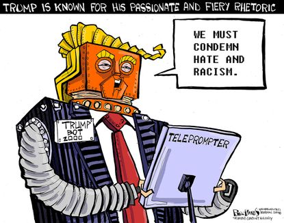 Political Cartoon U.S. Trump Bot 2000 Condemns Racism Shootings