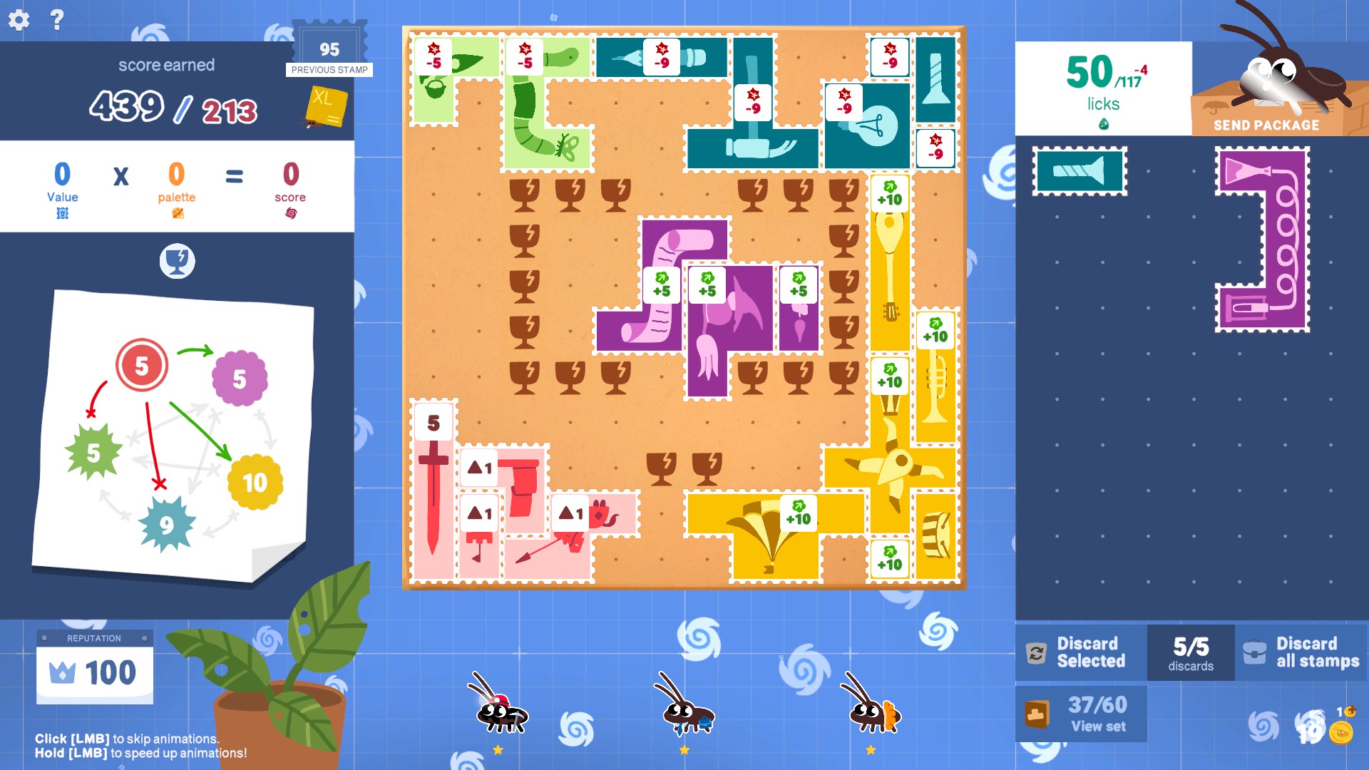 In Roach Post, the top of a parcel can be seen where the play has to set down as many differently shaped and colored stamps to get a certain score to pass the level