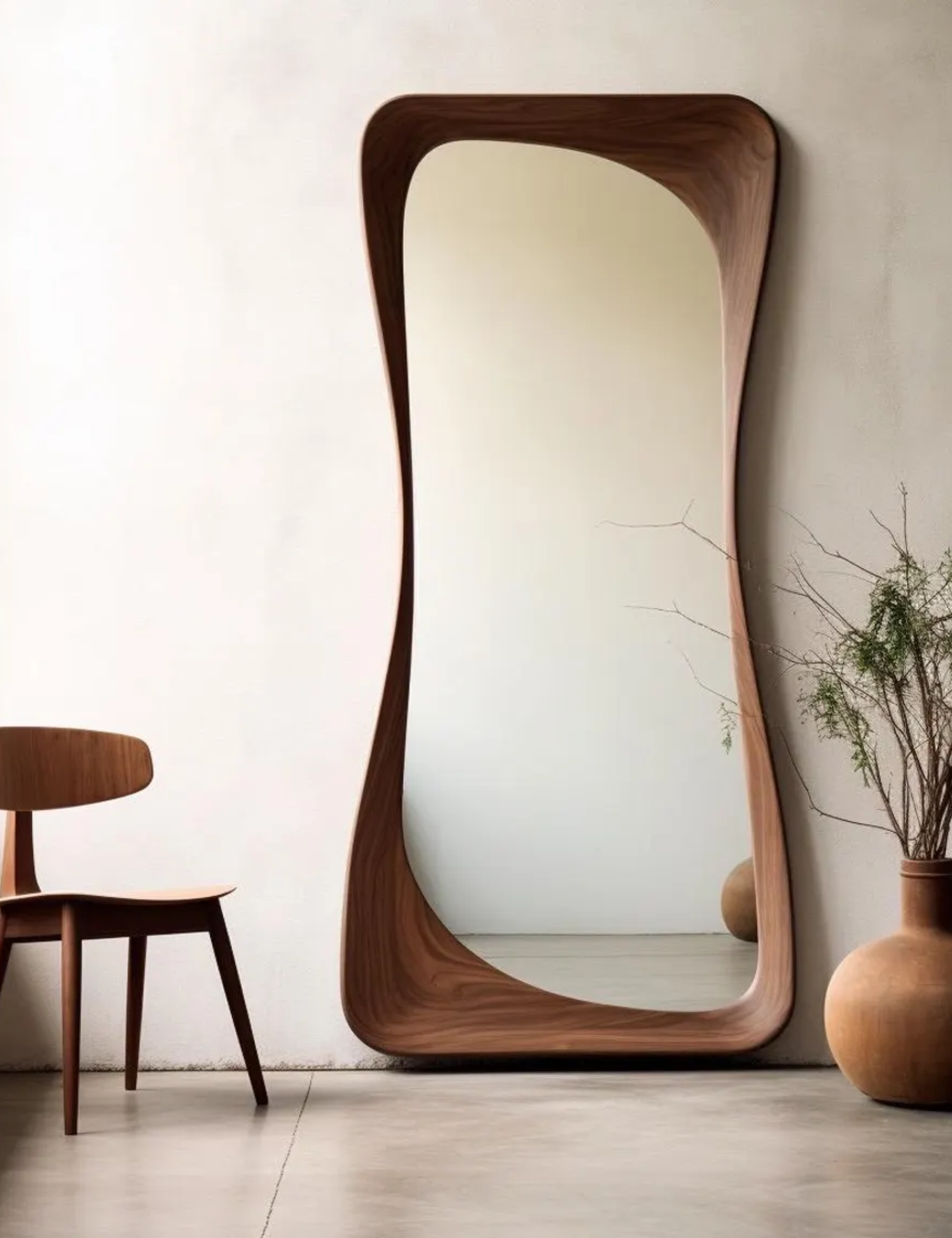 Large irregular floor mirror in a living room with concrete floors