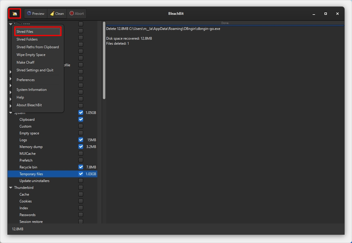 BleachBit tool with the main menu opened and the Shred Files option selected.