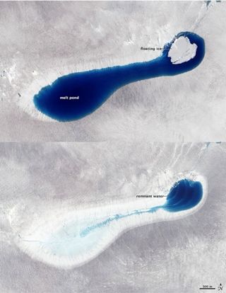 In the top photo, a raft of ice floats in a melt pond on Greenland's ice sheet. In the bottom photo, the melt pond is mostly empty, likely from the opening of a deep crack, or "moulin," in the bottom of the basin.