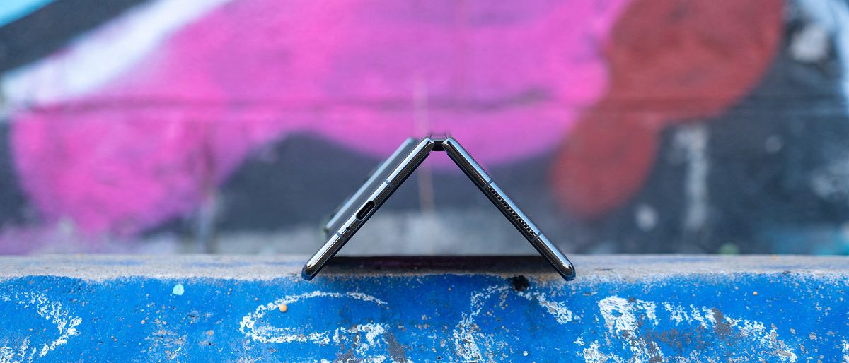 A photo of the bottom of the super thin TECNO Phantom V Fold 2 in a tent position