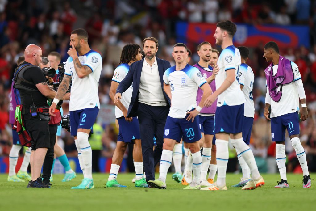 England Manager Gareth Southgate celebrates after the UEFA EURO 2024 qualifying round group C match between England and North Macedonia at Old Trafford on June 19, 2023 in Manchester, England. (Photo by Marc Atkins/Getty Images)