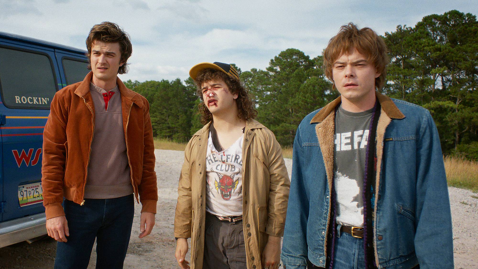 Joe Keery as Steve Harrington, Gaten Matarazzo as Dustin Henderson, and Charlie Heaton as Jonathan Byers in 