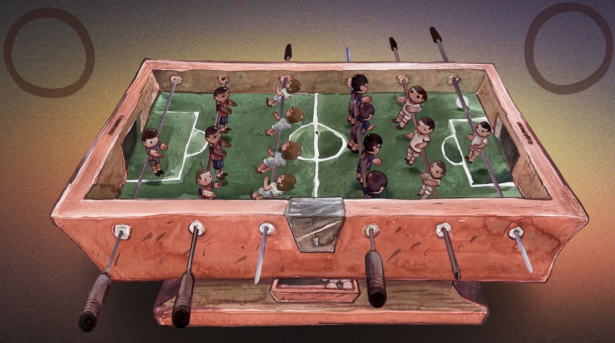A painting of a table football game, and in game