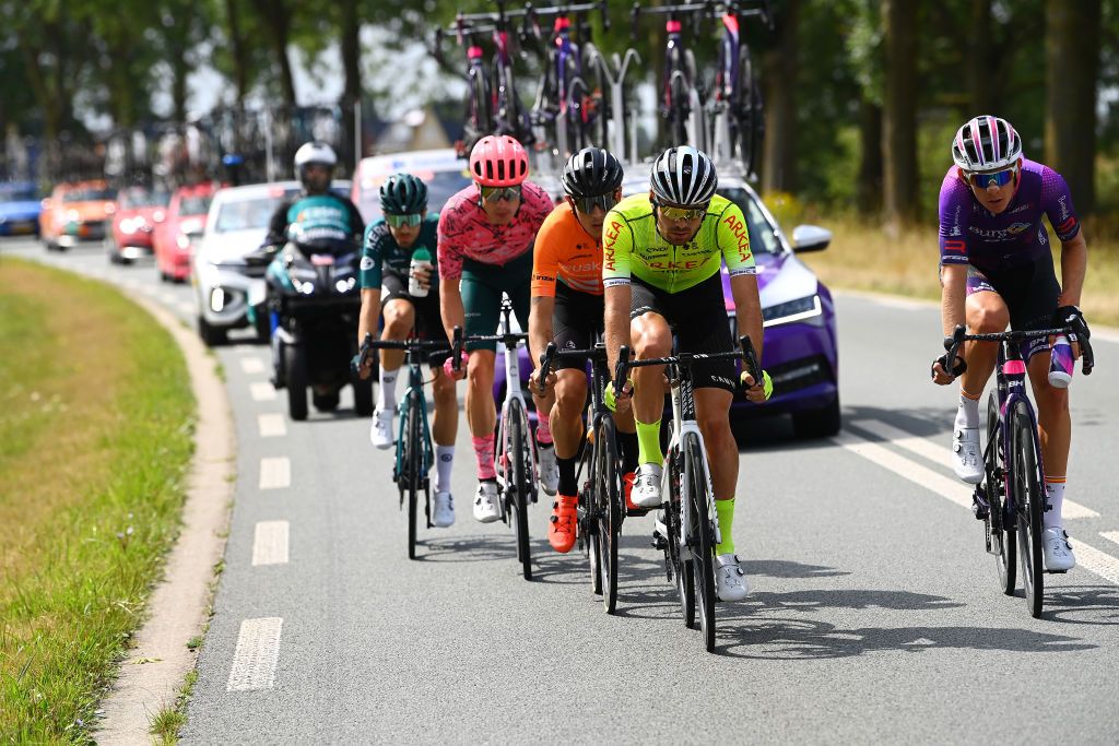 UTRECHT NETHERLANDS AUGUST 20 LR Pau Miquel Delgado of Spain and Team Equipo Kern Pharma Julius Van Den Berg of Netherlands and Team EF Education Easypost Xavier Mikel Azparren Irurzun of Spain and Team Euskaltel Euskadi Thibault Guernalec of France and Team Arka Samsic and Jetse Bol of Netherlands and Team Burgos BH compete in the breakaway during the 77th Tour of Spain 2022 Stage 2 a 1751km stage from sHertogenbosch to Utrecht LaVuelta22 WorldTour on August 20 2022 in Utrecht Netherlands Photo by Tim de WaeleGetty Images