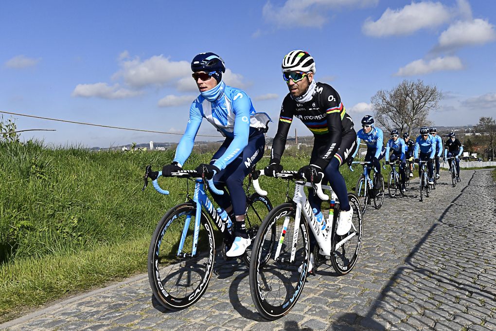 Movistar's Jurgen Roelandts and world champion Alejandro Valverde during a reconnaissance session on April 4, 2019