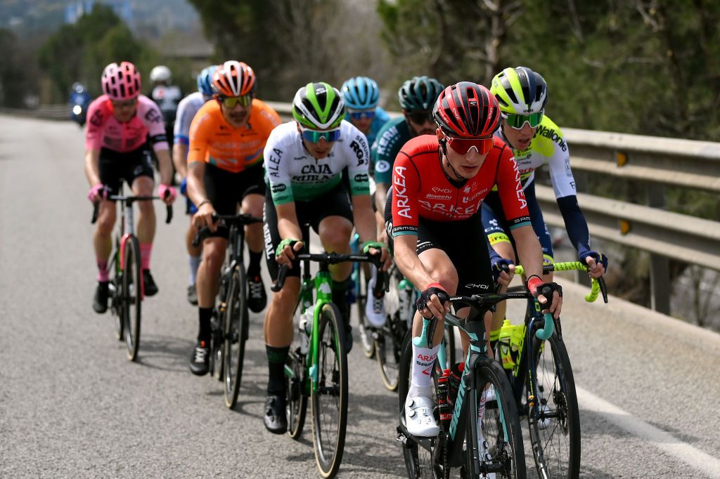 VALTER SPAIN MARCH 21 LR Ewen Costiou of France and Team ArkaSamsic and Simone Petilli of Italy and Team IntermarchCircusWanty compete in the breakaway during the 102nd Volta Ciclista a Catalunya 2023 Stage 2 a 1654km stage from Matar to Vallter 2135m VoltaCatalunya102 on March 21 2023 in Vallter Spain Photo by David RamosGetty Images