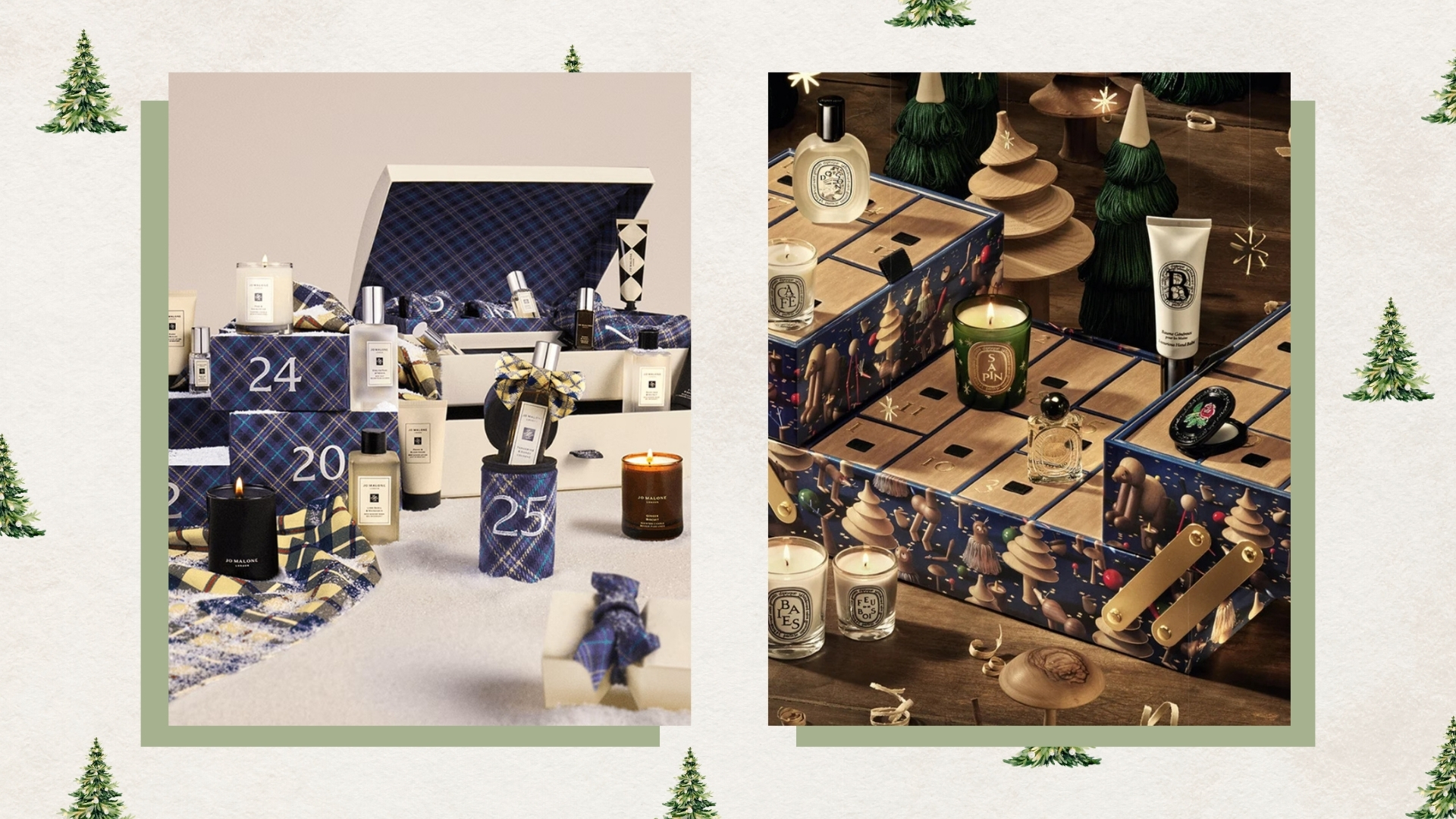 Two images of Jo Malone advent calendar and Diptqyue's advent calendar for 2026, on a beige background with sage green boxes and green Christmas trees