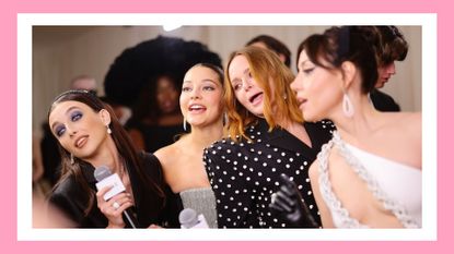 Emma Chamberlain, Madelyn Cline, Stella McCartney, and Aubrey Plaza attend The 2023 Met Gala Celebrating "Karl Lagerfeld: A Line Of Beauty" at The Metropolitan Museum of Art on May 01, 2023 in New York City. / in a pink template
