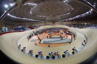 Riders test out the Laoshan Velodrome at the last Beijing World Cup