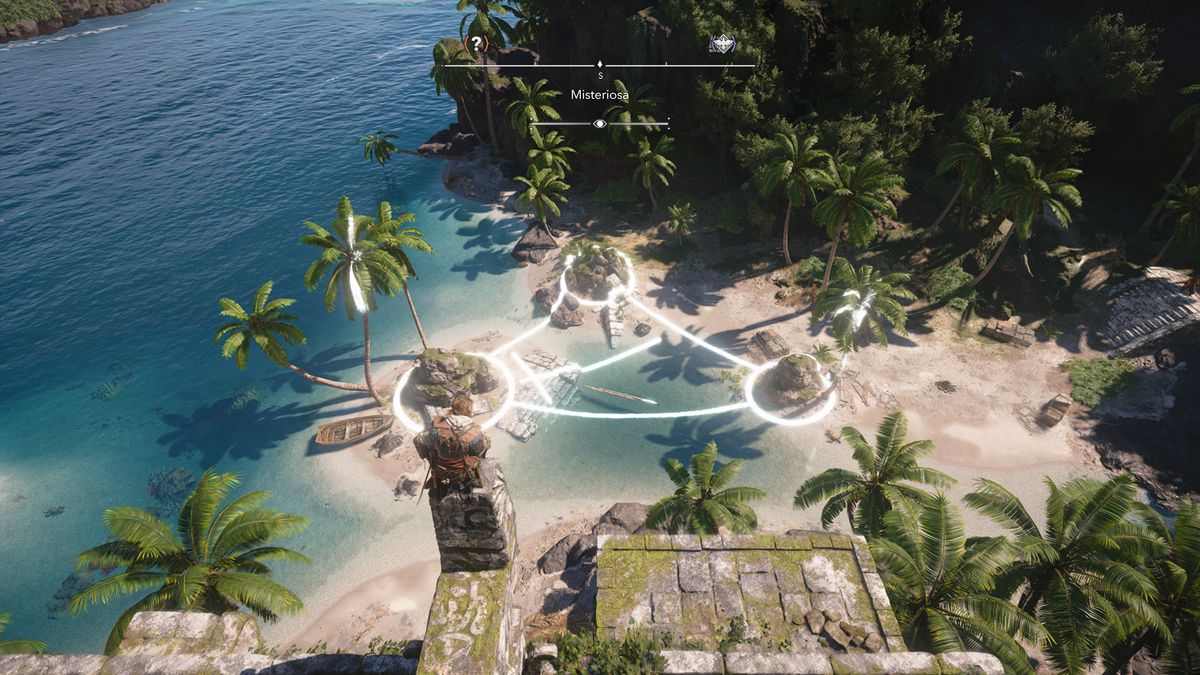 Black Flag Mayan stones: Edward crouched on top of the stele solving the puzzle in the ruins below.