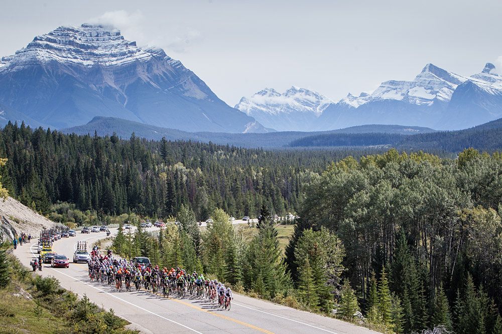 The peloton passes through scenic Jasper