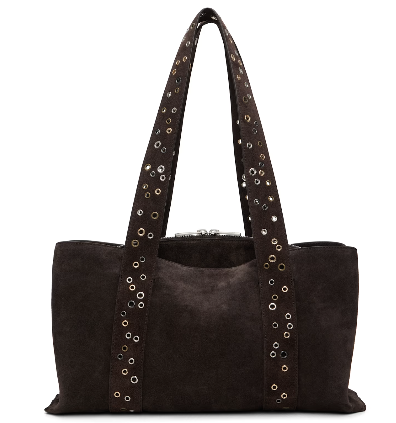 Brown suede bag with grommets on the handles.