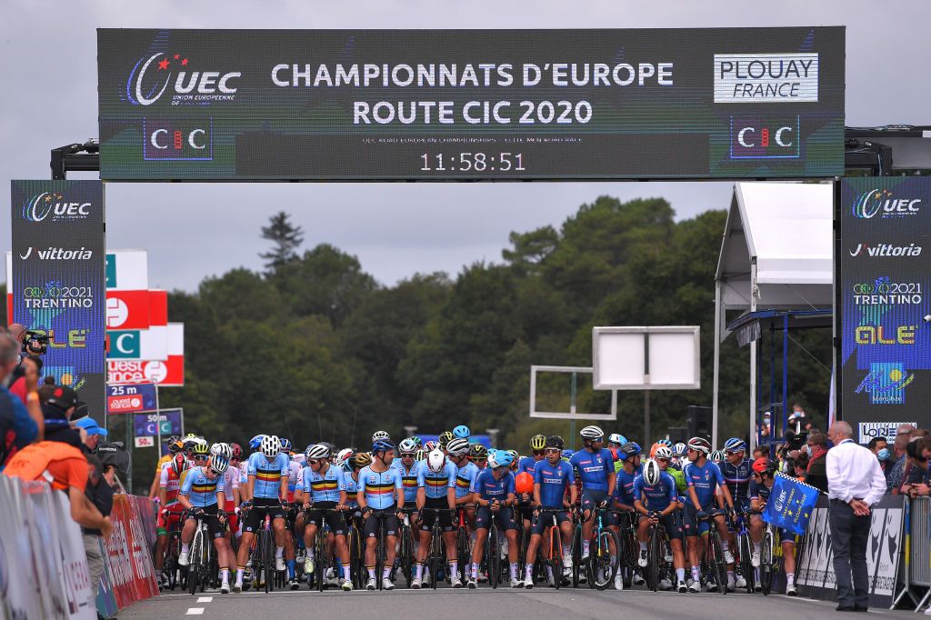 PLOUAY FRANCE AUGUST 26 Start Jasper Philipsen of Belgium Otto Vergaerde of Belgium Jasper Stuyven of Belgium Xandro Meurisse of Belgium Victor Campenaerts of Belgium Oliver Naesen of Belgium Sep Vanmarcke of Belgium Julius Van Den Berg of The Netherlands Edoardo Affini of Italy Davide Ballerini of Italy Davide Cimolai of Italy Matteo Trentin of Italy Giacomo Nizzolo of Italy Manuele Boaro of Italy Diego Ulissi of Italy Giovanni Visconti of Italy Peloton during the 26th UEC Road European Championships 2020 Mens Elite a 17745km race from Plouay to Plouay UECcycling EuroRoad20 on August 26 2020 in Plouay France Photo by Luc ClaessenGetty Images