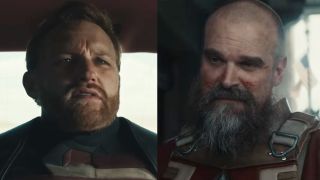 Wyatt Russell's John Walker taken aback in The Thunderbolts, David Harbour's Red Guardian Smiling comfortably in Thunderbolts.