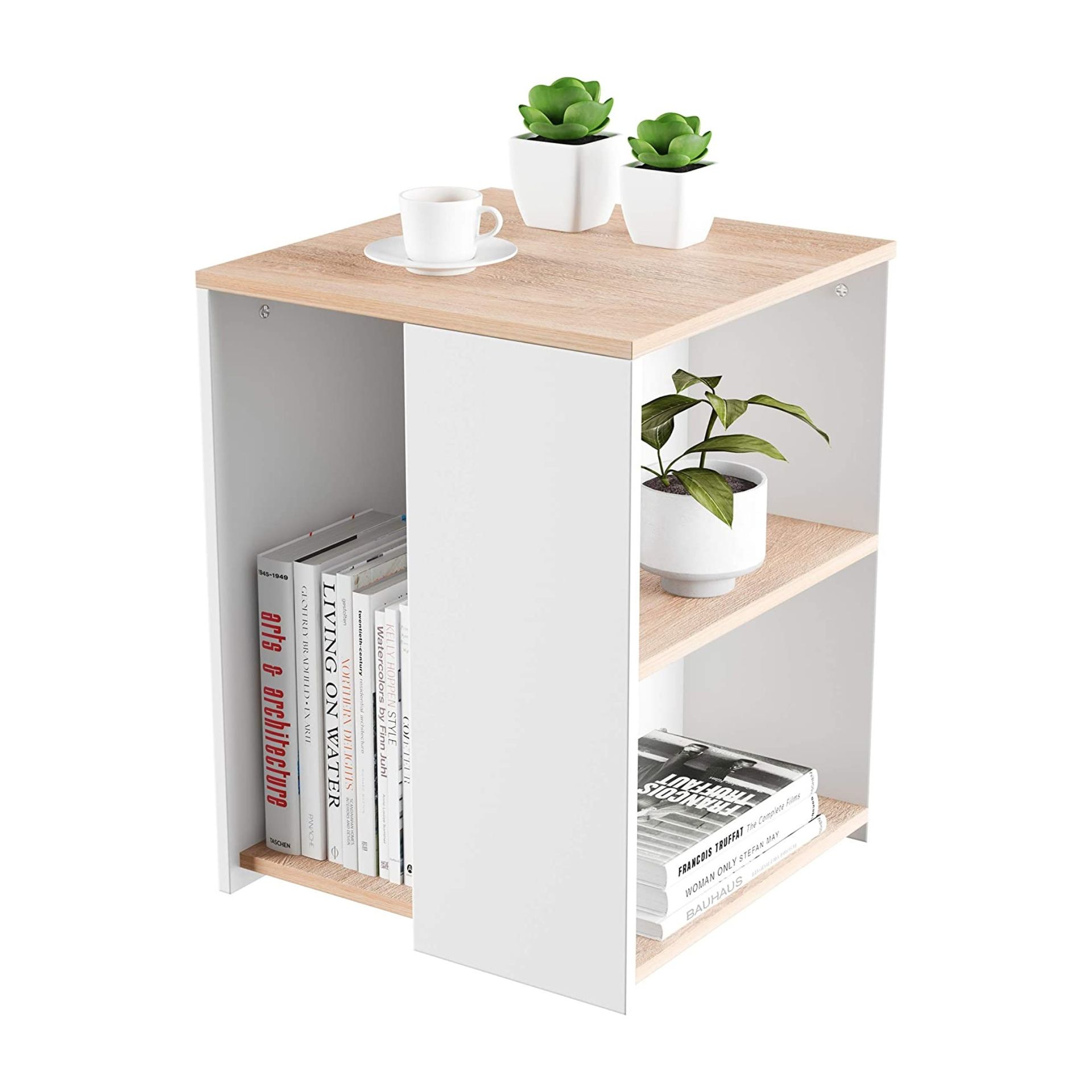 Unit penyimpanan putih dengan tanaman pot